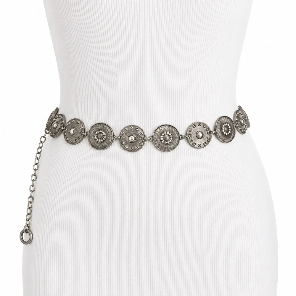 Chain Belt Women One Size Silver Medallion Rhinestone Boho Western